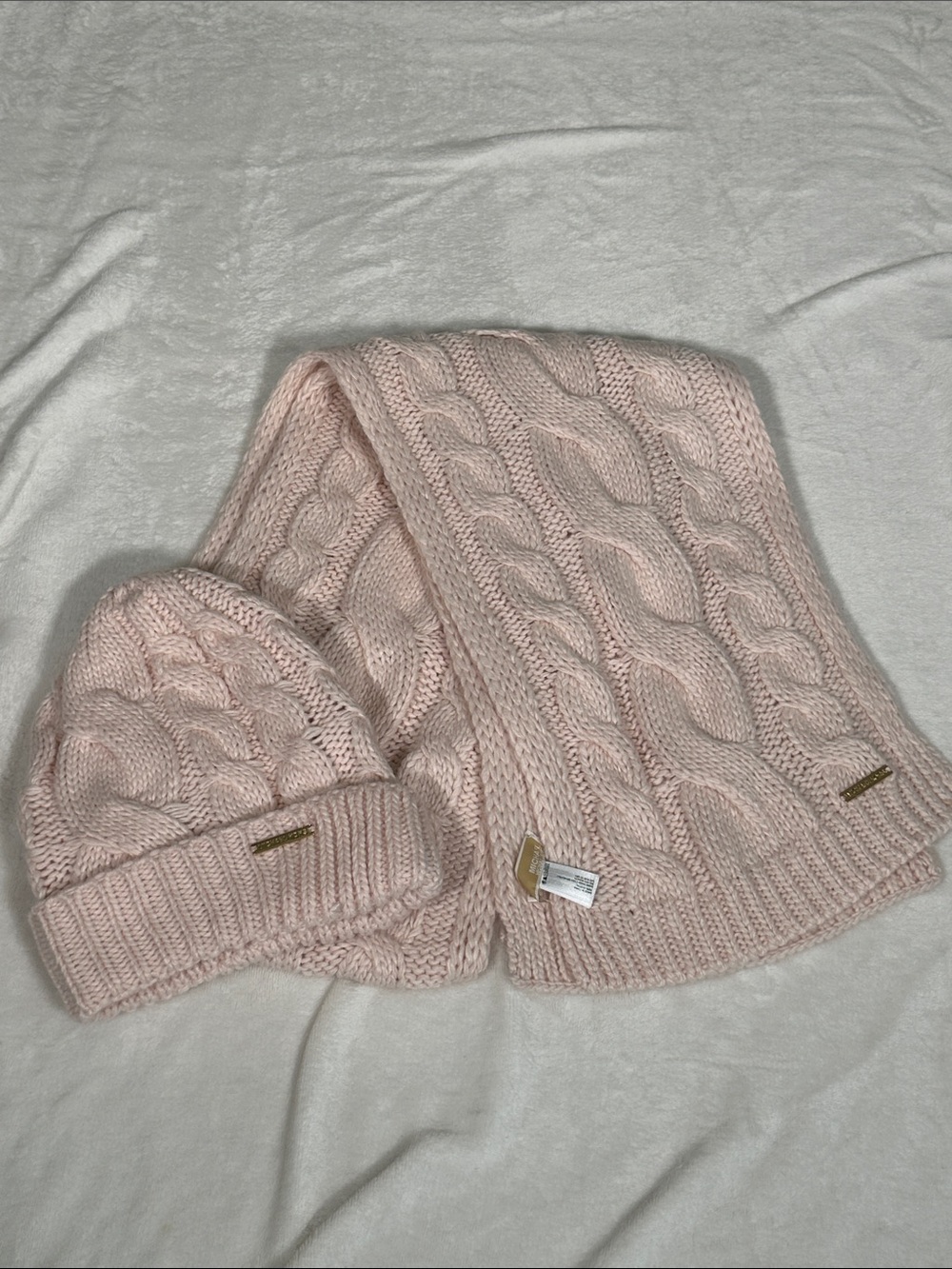 Michael Kors Cable-Knit Beanie and Scarf Set - Light Pink